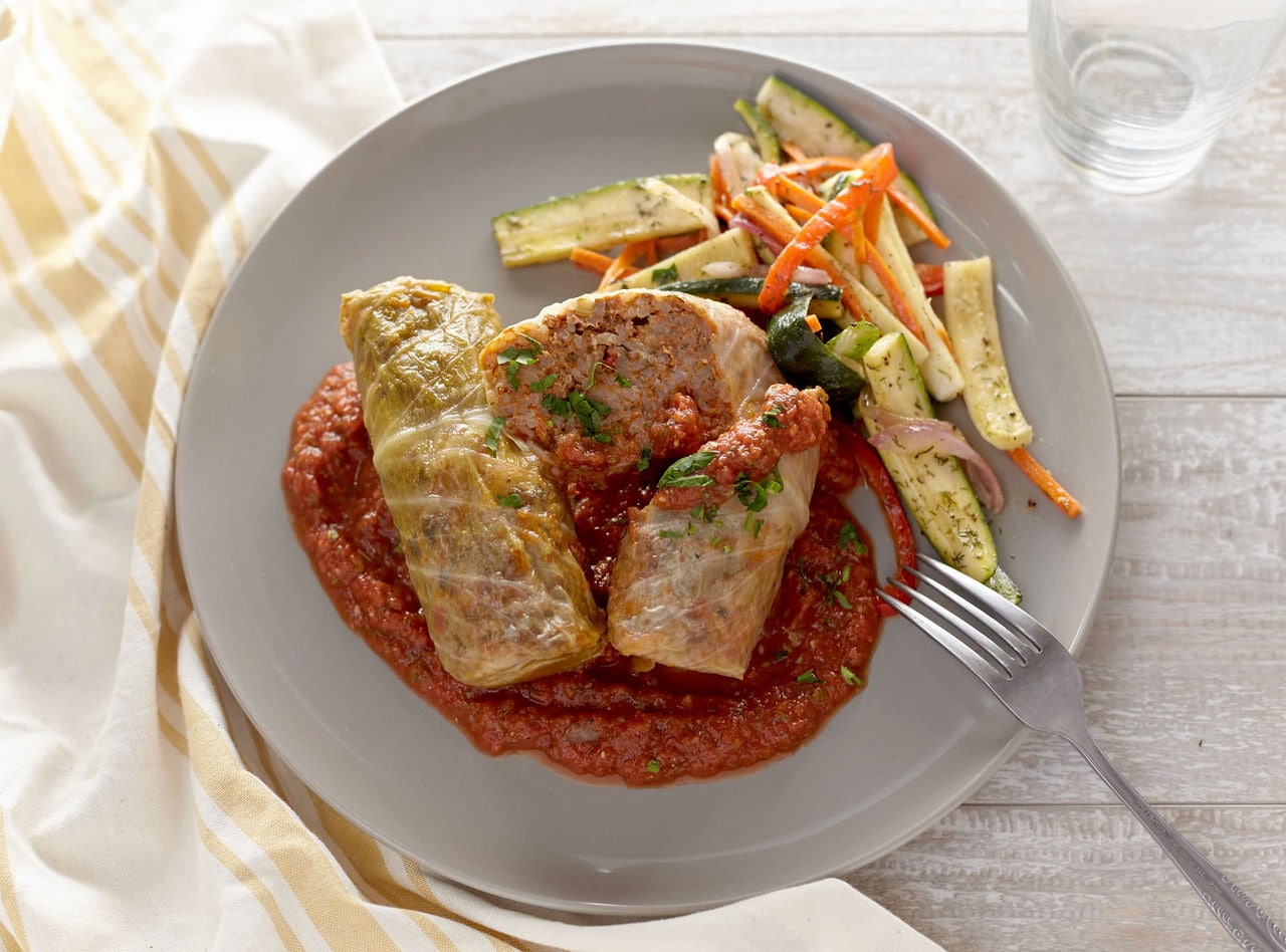 Beef Cabbage Rolls with Roasted Tomato Sauce by Chef Jenn Strange