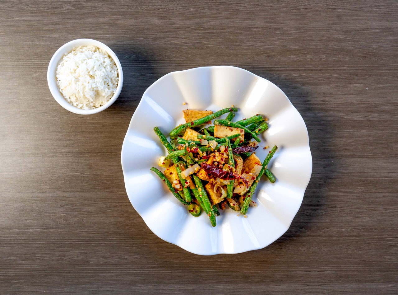 Gluten Free Szechuan Style Green Beans with Tofu Plate by Chef James Zhou