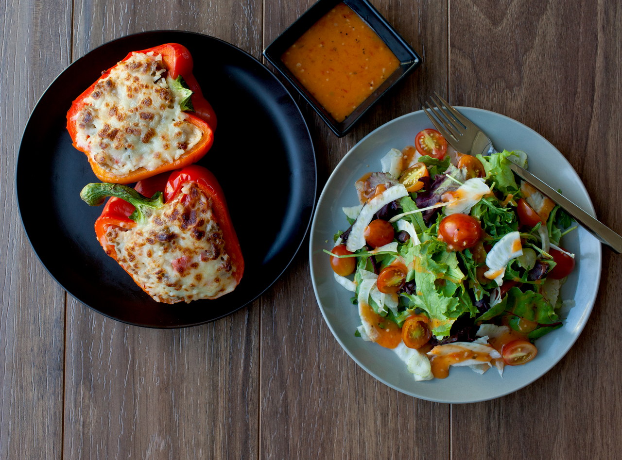 Sausage Stuffed Peppers with Green Salad by Chef Katie Peterson