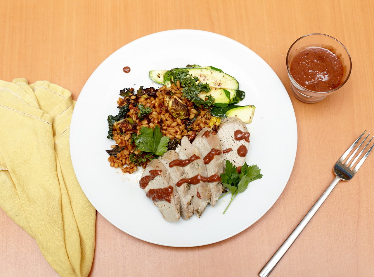 Pomegranate Pork Tenderloin with Tahini Carrots by Ripe Catering