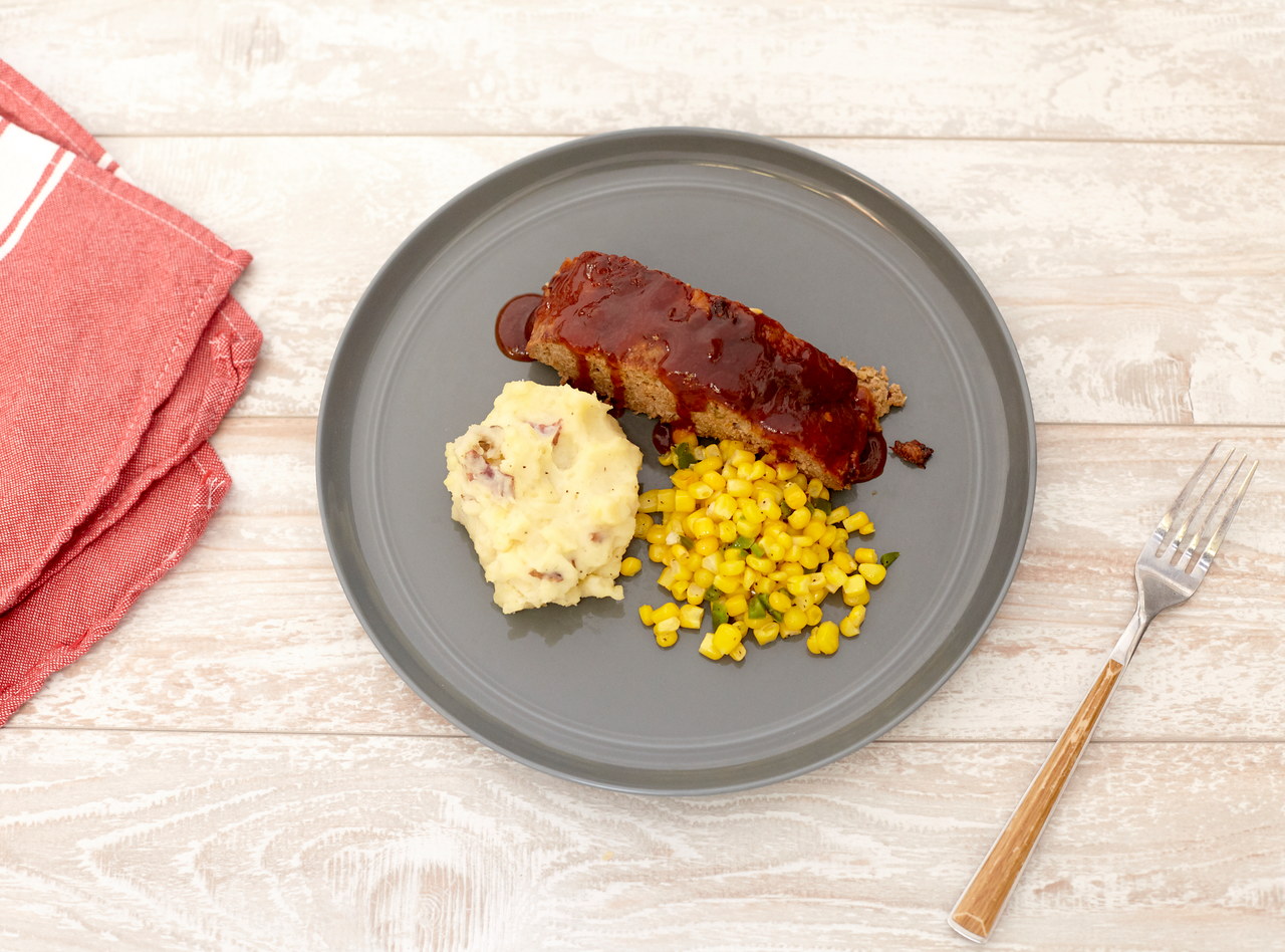 BBQ Meatloaf with Mashed Potatoes and Corn by Chef Katie Cox