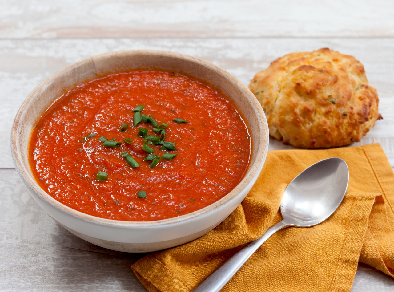 Spicy Tomato Basil Soup w/ Cheddar Chive Biscuit by Chef Katie Cox