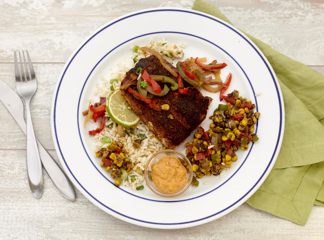 Blackened Salmon with Creole Peppers by Chef Jenn Strange